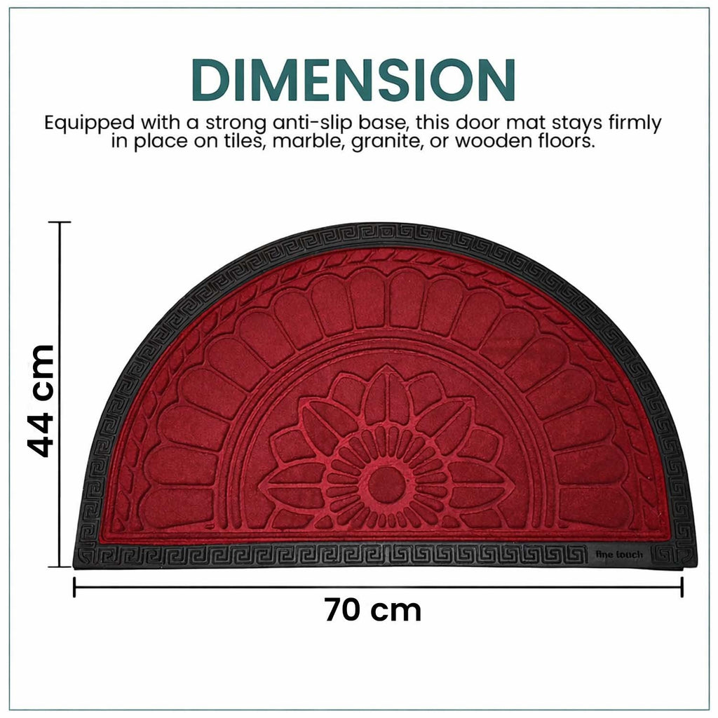 GoHooked Imperial Lotus red half circle rubber door mat with anti-slip backing and embossed floral pattern