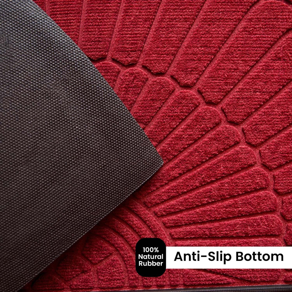 GoHooked red semi-circle rubber door mat with textured sunburst pattern and anti-slip black base