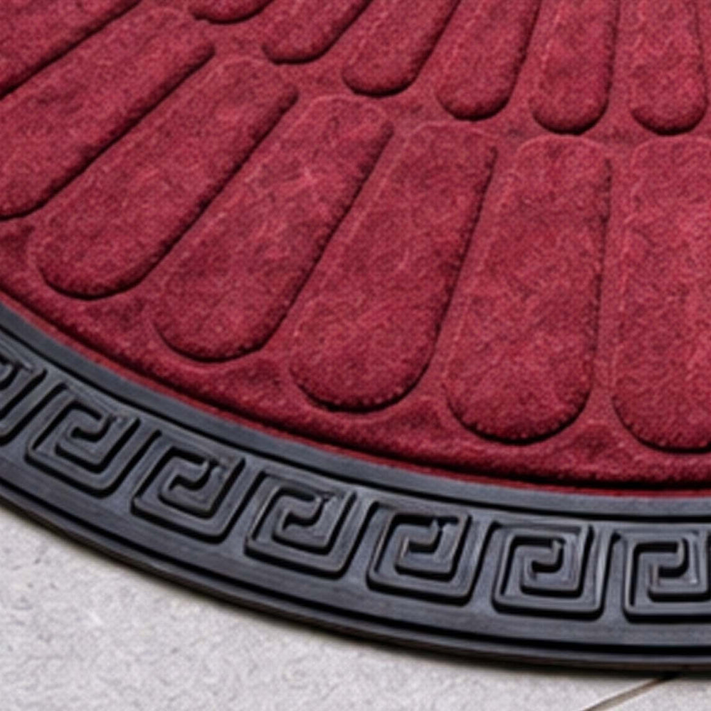 GoHooked red rubber half circle door mat with a black Greek key border pattern for home and office entrances.