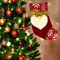Go Hooked red Christmas stocking with Santa Claus face and snowflake pattern, festive home decor.