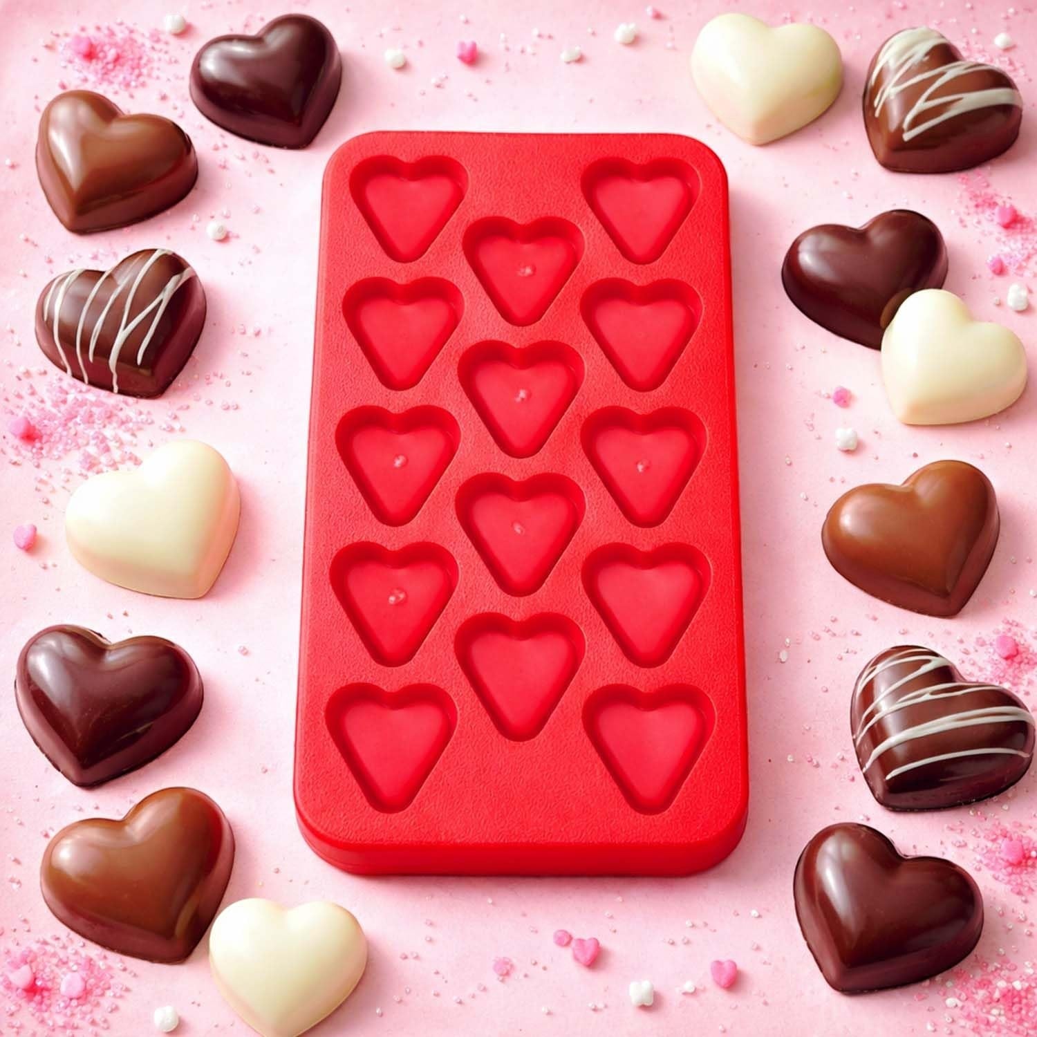 GoHooked red silicone chocolate mold with 10 heart-shaped cavities surrounded by assorted dark and white chocolates