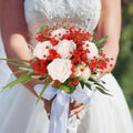 GoHooked red and white artificial baby's breath and rose wedding bouquet with white ribbon.