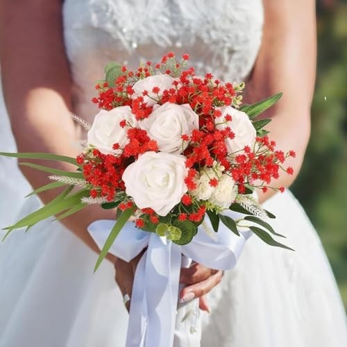 GoHooked red and white artificial baby's breath and rose wedding bouquet with a white ribbon.