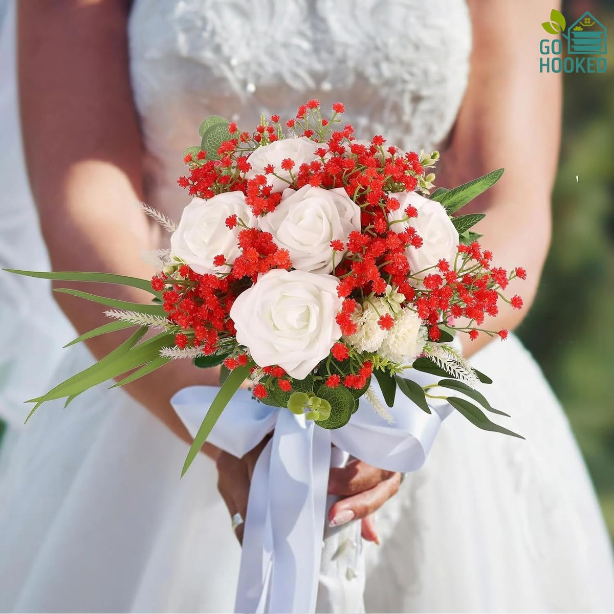 GoHooked red and white artificial baby's breath and rose wedding bouquet with green leaves and a white ribbon.