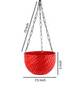 GoHooked red round woven plastic hanging planter with a 13-inch chain. Features a rattan-like texture.