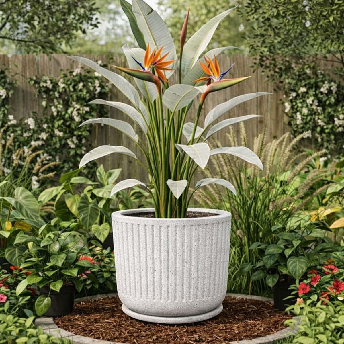 Go Hooked Cosmic Round Planter Pot with Tray (12×11 Inch, Brown) | Granite Speckled Ribbed Polymer Design | Decorative Plastic Flower Pot for Indoor Outdoor Plants, Balcony & Home Garden Décor