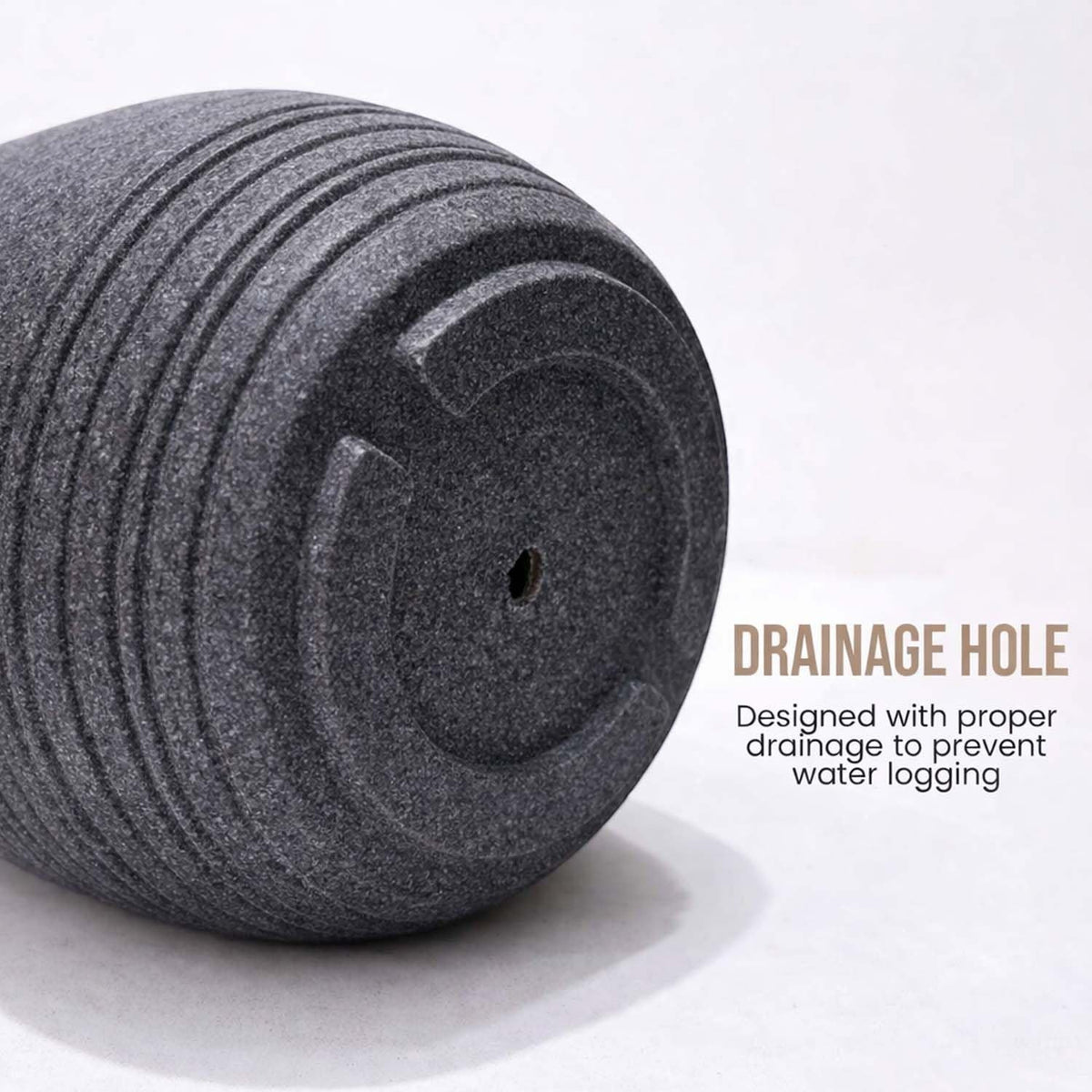GoHooked Ripper 15-inch round grey polymer planter pot with textured ribbed finish and drainage hole.