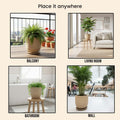 GoHooked 15-inch round brown polymer planter pot with textured ribbed finish and matching tray. Ideal for indoor/outdoor use.