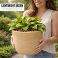 GoHooked 18-inch round brown polymer planter pot with textured ribbed finish and matching tray, held by a woman.