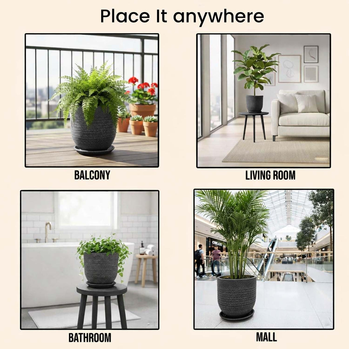 GoHooked 18-inch grey round polymer planter pot with textured ribbed finish and matching tray. Ideal for indoor/outdoor use.
