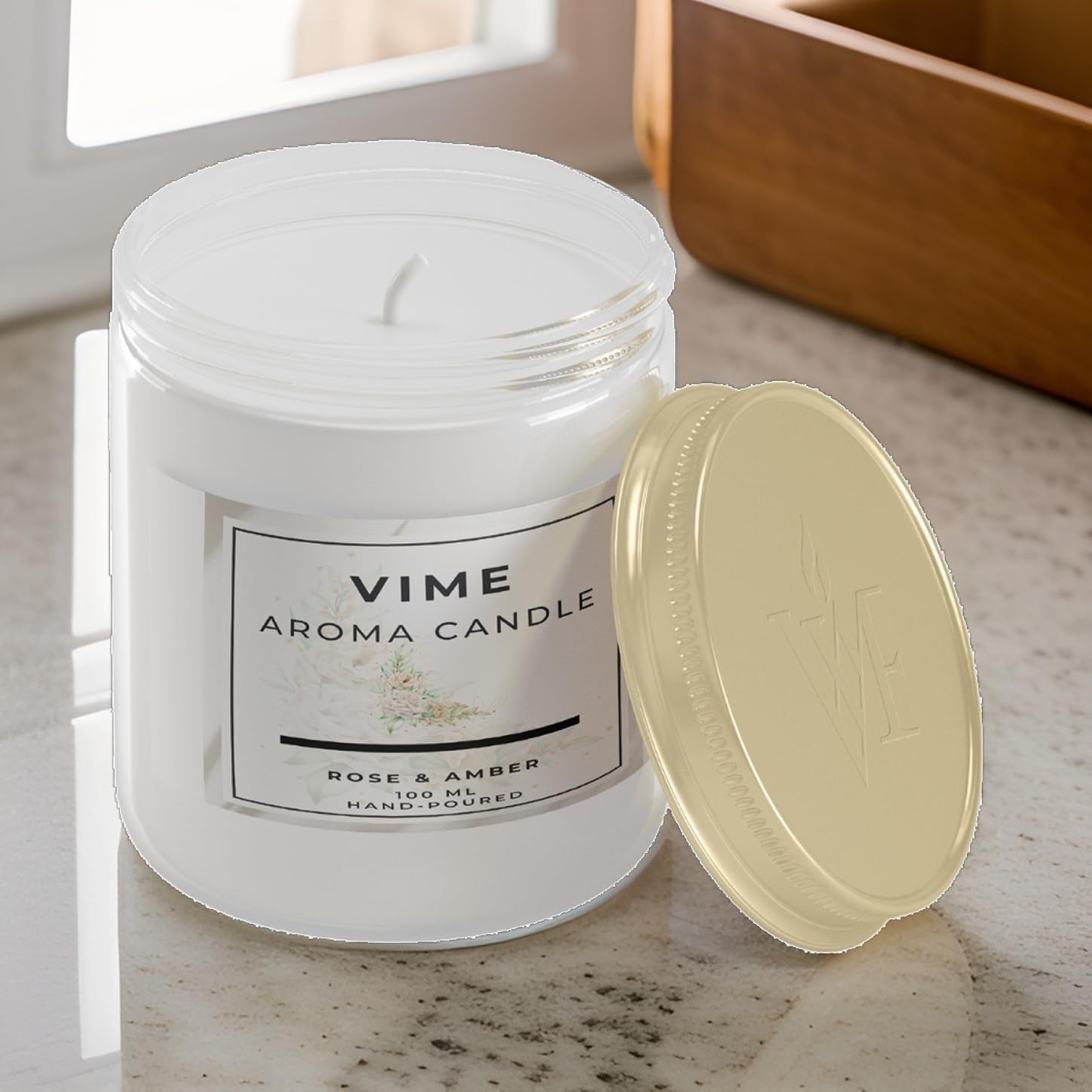 GoHooked white glass jar candle with Rose & Amber fragrance, 100ml, hand-poured for aromatherapy and home decor.