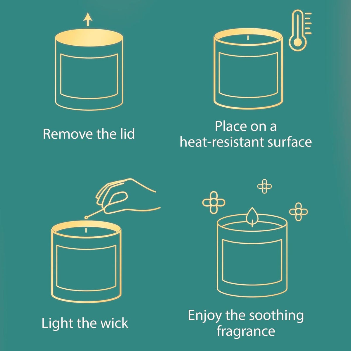 GoHooked white rose incense scented candle instructions: remove lid, place on heat-resistant surface, light wick, enjoy fragrance.