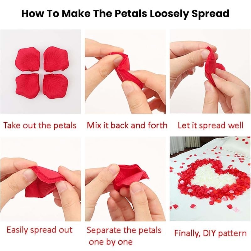 GoHooked red artificial rose petals and white heart-shaped candle arrangement on a bed for Valentine's Day decor.