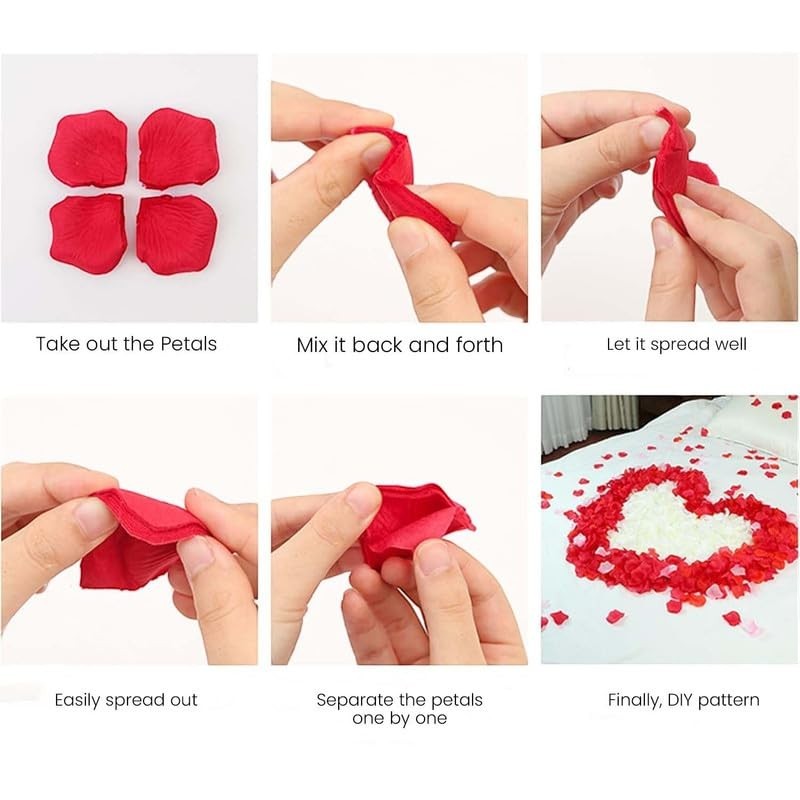 GoHooked red artificial rose petals and white heart-shaped foil balloons for romantic decor. Perfect for proposals, anniversaries, and Valentine's Day.