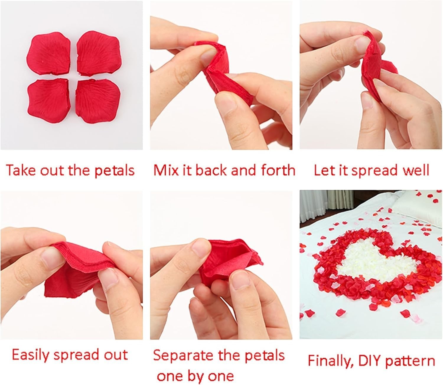GoHooked red artificial rose petals and white tea light candles arranged in a heart shape on a bed for romantic decor.