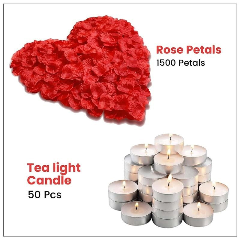 GoHooked red artificial rose petals shaped into a heart and 50 lit tea light candles for romantic decor.