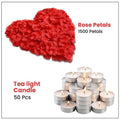 GoHooked red artificial rose petals shaped into a heart and 50 lit tea light candles for romantic decor.