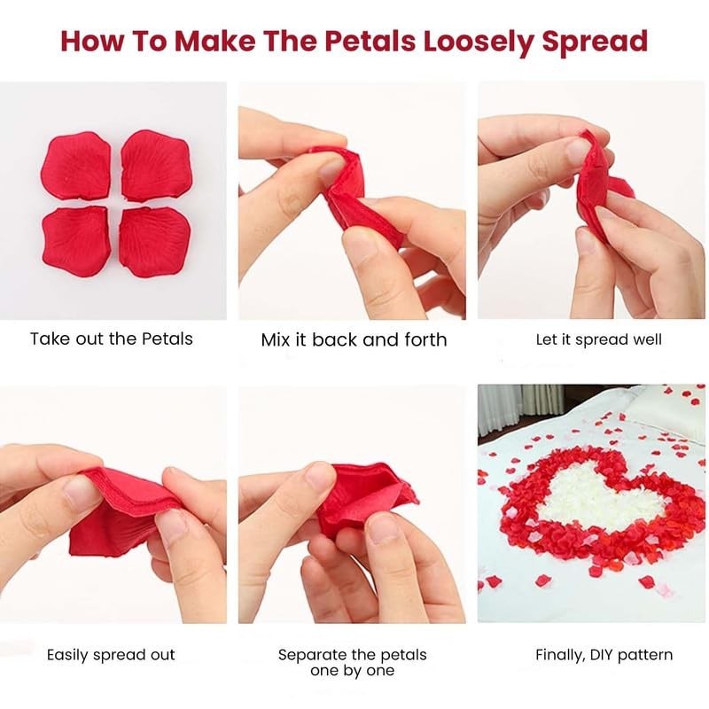 GoHooked red artificial rose petals and white tealight candles arranged in a heart shape on a bed for romantic decor.