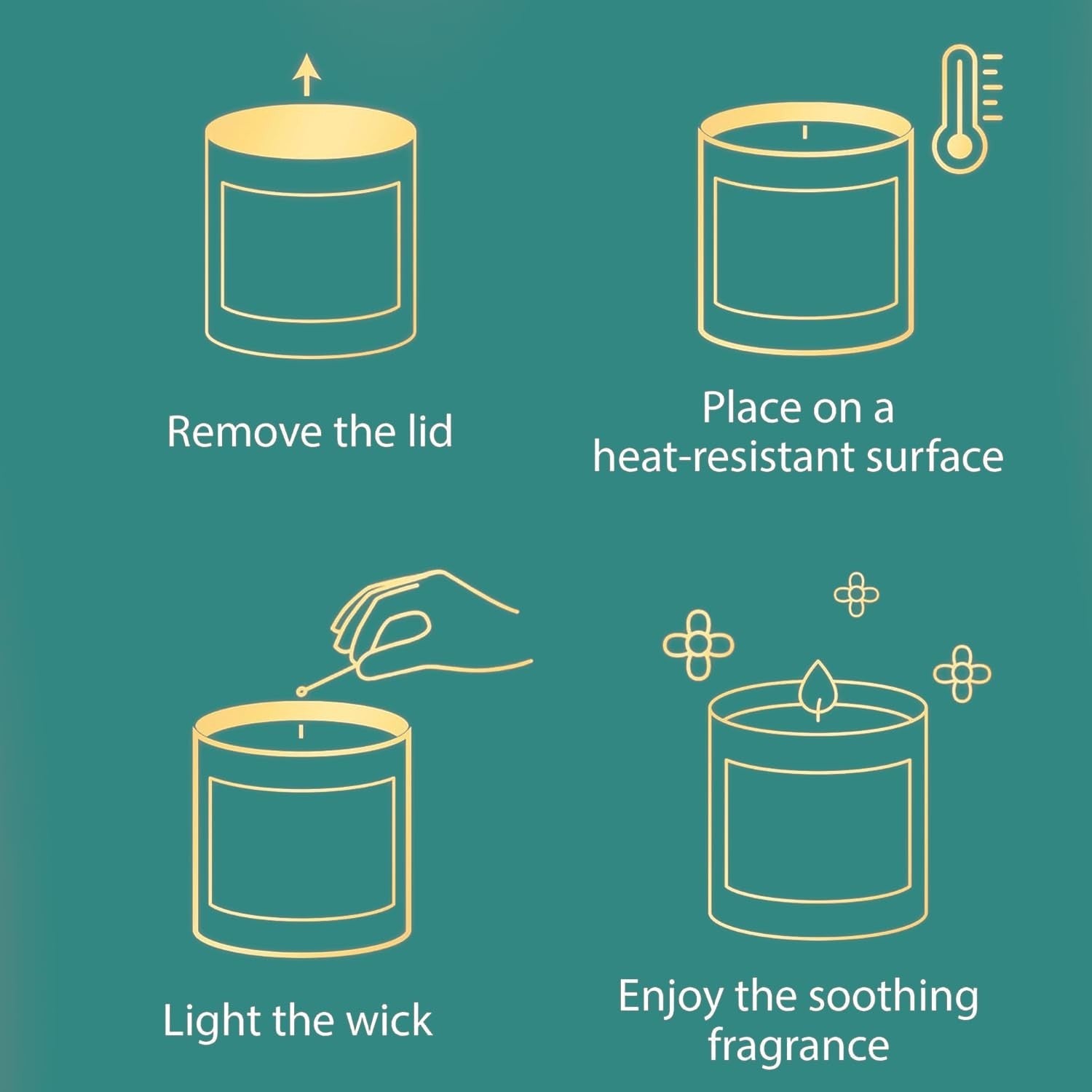 GoHooked Rosemary Reverie scented candle instructions: remove lid, place on heat-resistant surface, light wick, enjoy fragrance.