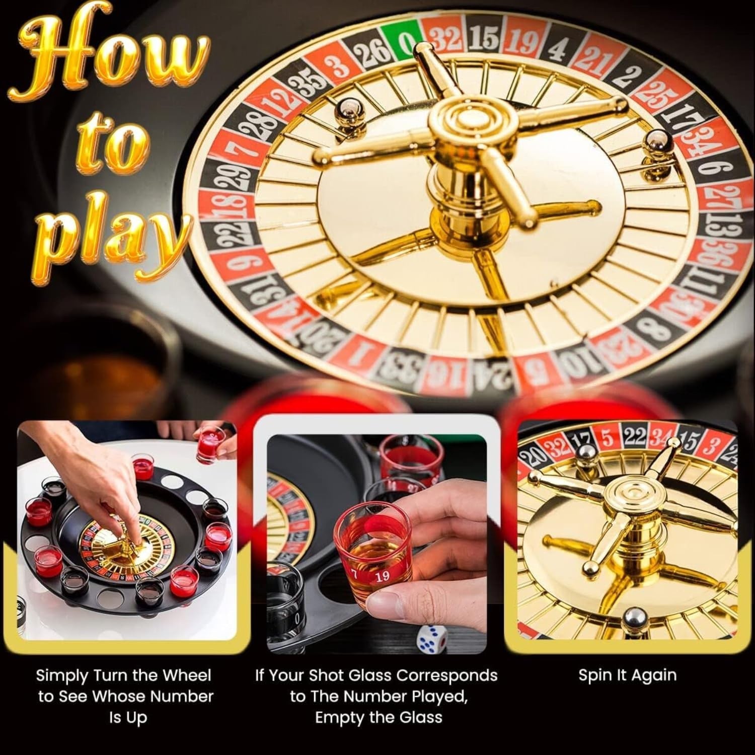 GoHooked black and gold roulette drinking game set with 16 numbered shot glasses and spinner wheel. Fun party activity.