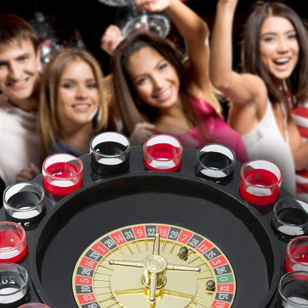 GoHooked Roulette drinking game set with 16 shot glasses, casino party game for adults. Includes roulette wheel, balls, and red/black glasses.