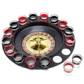 Go Hooked roulette drinking game set with 16 shot glasses, 2 metal balls, and a black roulette wheel.
