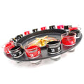 GoHooked black roulette drinking game set with 16 numbered shot glasses and gold spinner. Includes 2 balls.