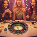 GoHooked roulette drinking game set with 16 shot glasses and spinner wheel, featuring a black and gold design for parties.