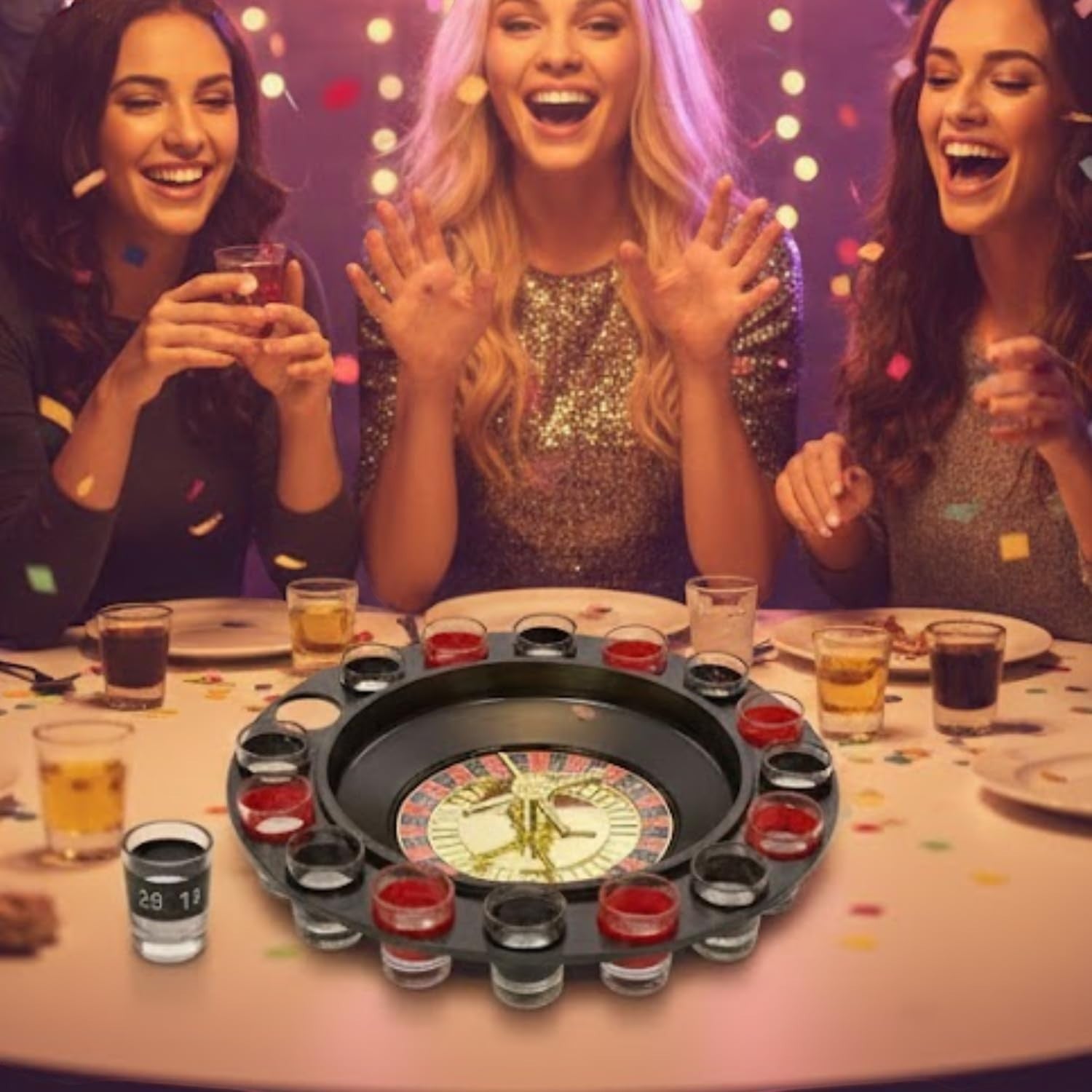 GoHooked roulette drinking game set with 16 shot glasses and spinner wheel, featuring a black and gold design for parties.