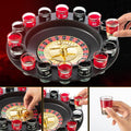 GoHooked black roulette drinking game set with gold spinner, 16 numbered shot glasses, and 2 balls. Perfect for parties.