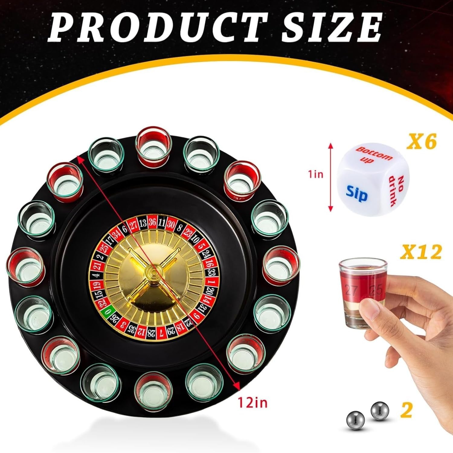 GoHooked black roulette drinking game set with 16 numbered shot glasses, 2 balls, and dice for parties.