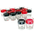 GoHooked roulette drinking game set with 16 shot glasses, 8 red and 8 black, numbered for casino party fun.