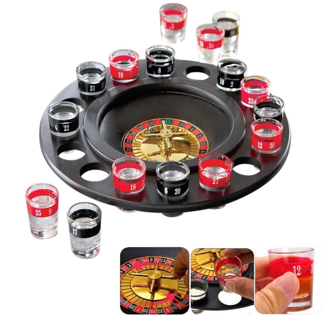 GoHooked roulette shot glass drinking game set with a black spinning wheel and numbered clear glass cups for parties