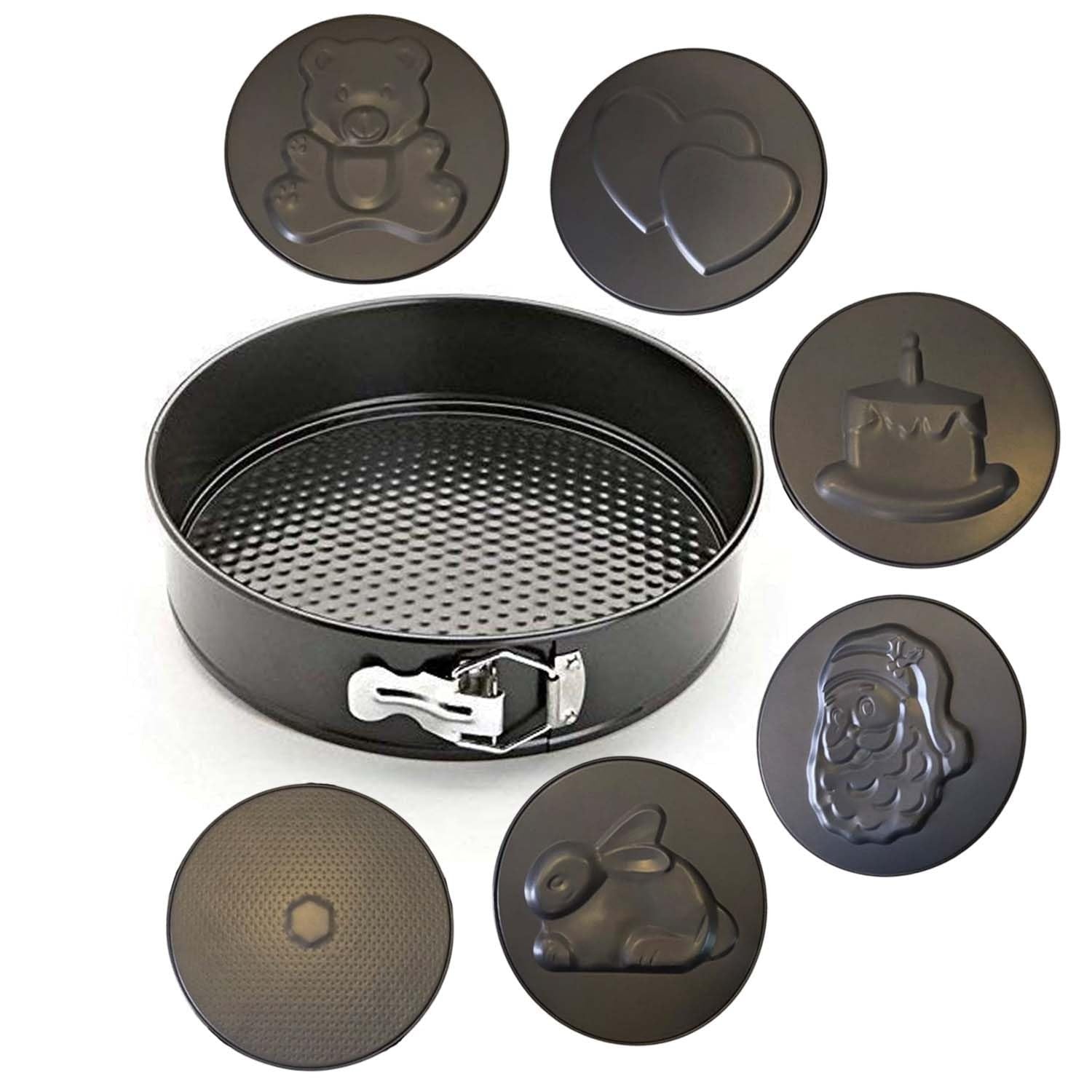 GoHooked black carbon steel round cake pan with removable bottom and 6 decorative inserts: teddy bear, hearts, cake, Santa, bunny, and textured circle.