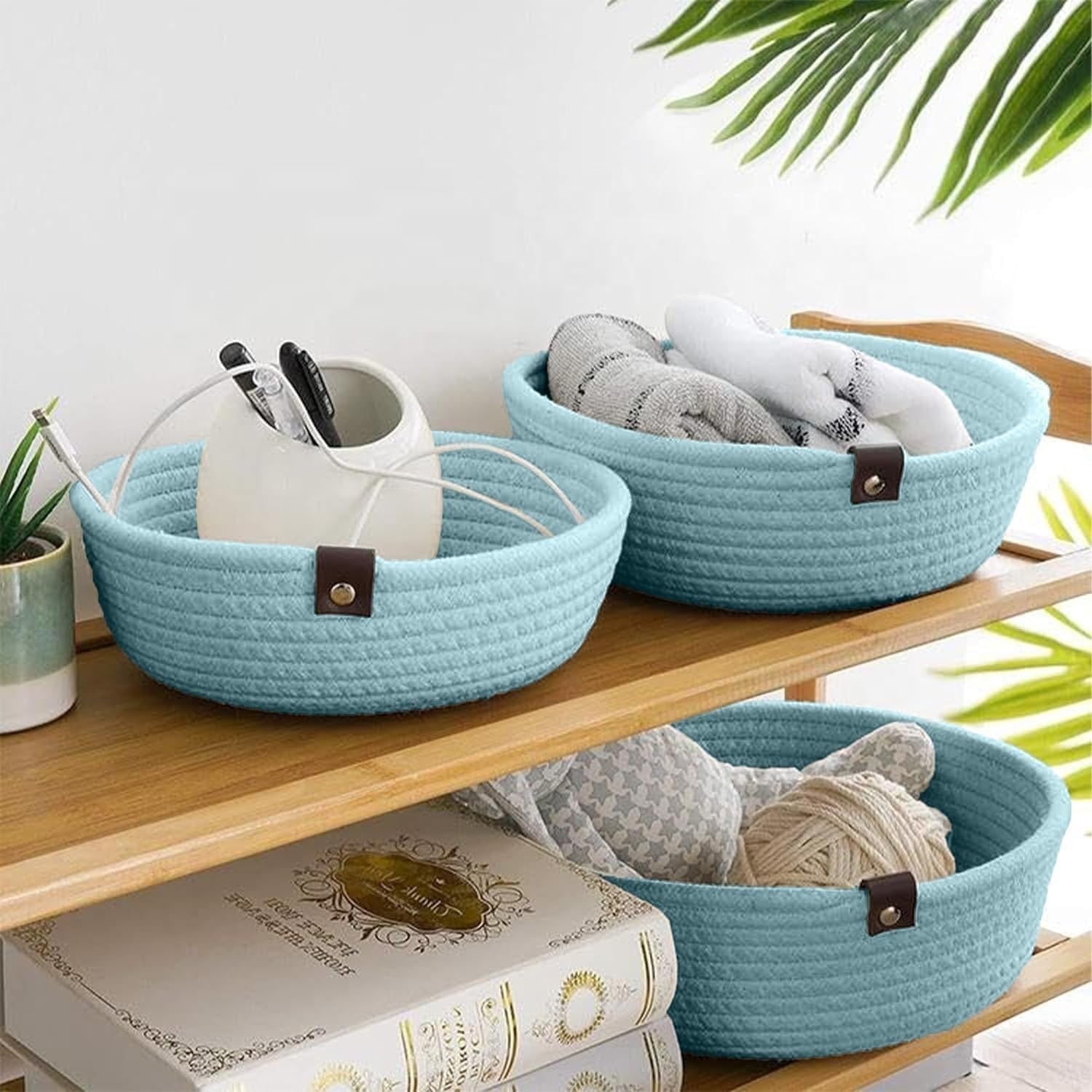 GoHooked set of three light blue round cotton rope storage baskets on a wooden shelf for home and office organization