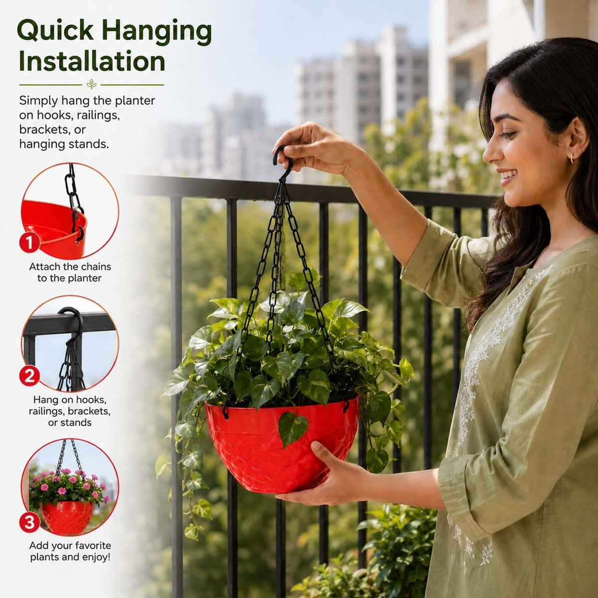 GoHooked multicolor round diamond plastic hanging planter with metal chain held by a woman on a balcony