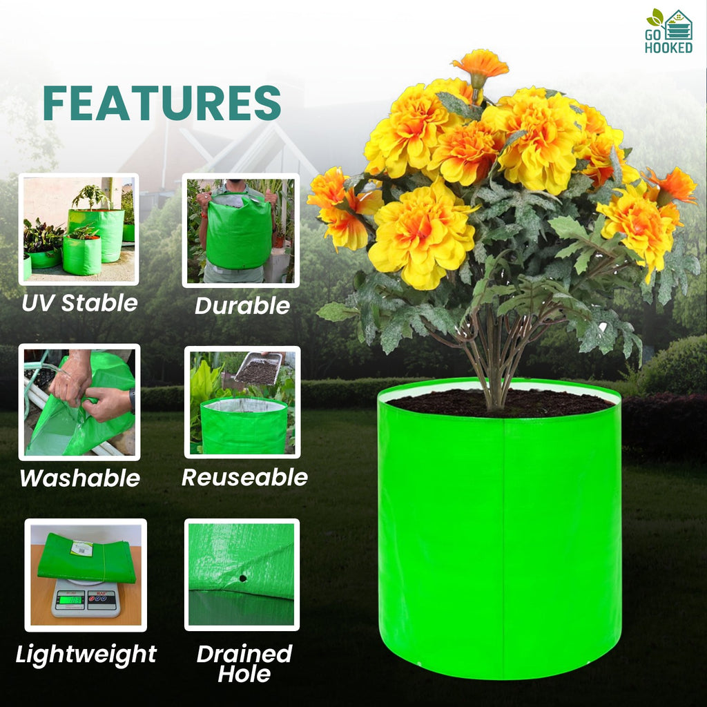 GoHooked 12-inch round green grow bag with yellow marigolds, featuring UV-stable, washable, and durable fabric.