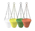 GoHooked set of 6, 9-inch round plastic hanging pots in white, yellow, green, and orange with woven texture and metal chains.