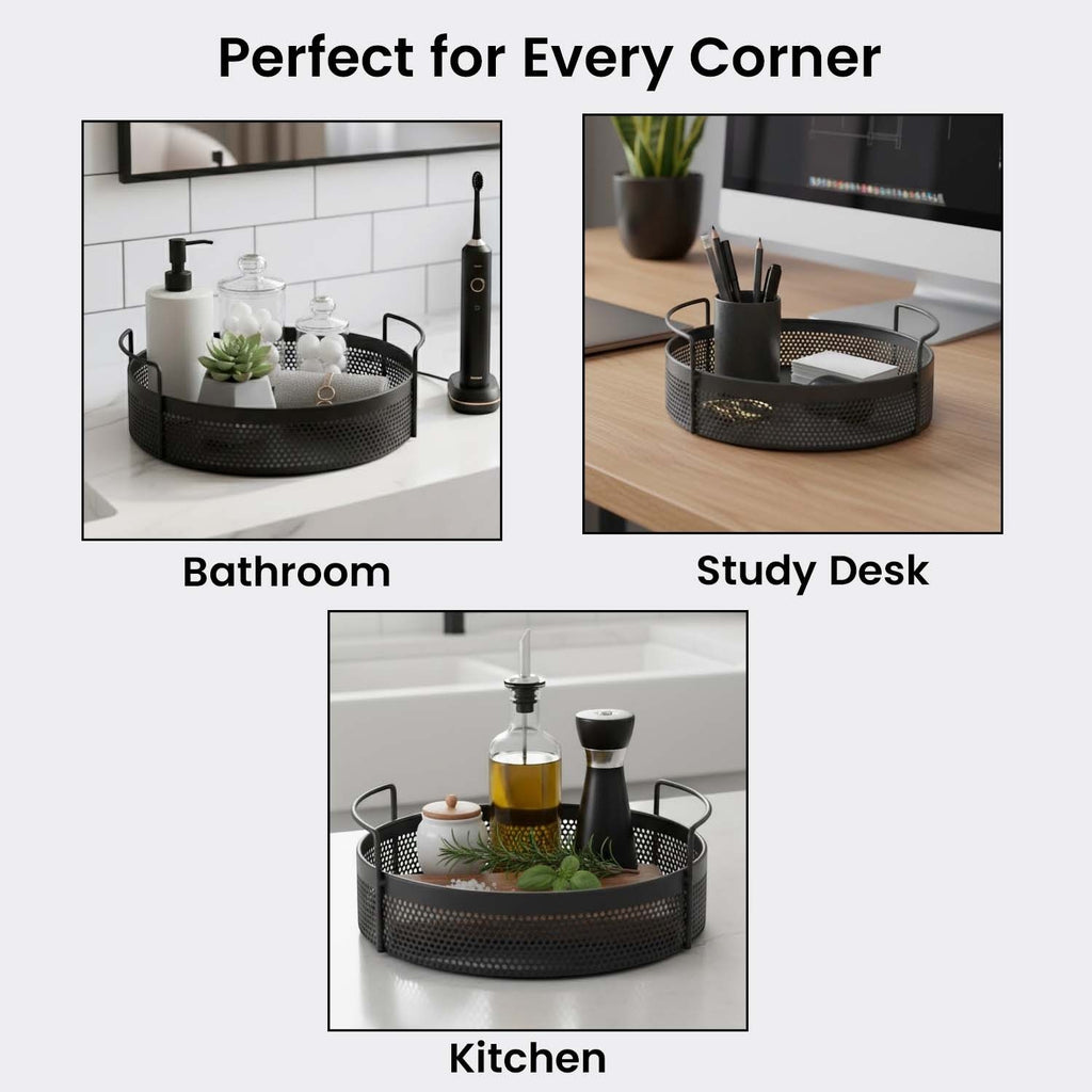 GoHooked set of two round black metal storage trays with perforated sides and handles used in bathroom and kitchen