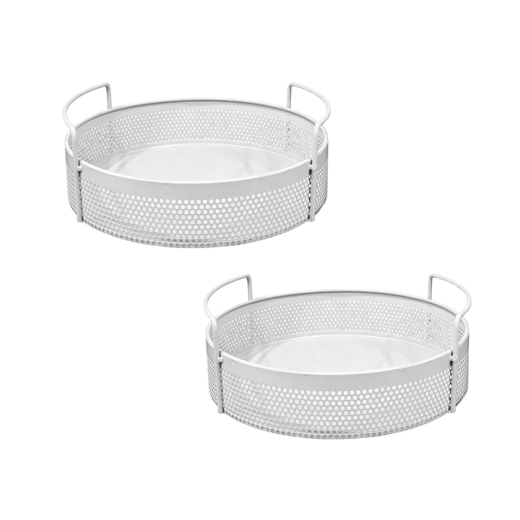 GoHooked set of two round white metal storage trays with perforated sides and integrated handles for home organization.