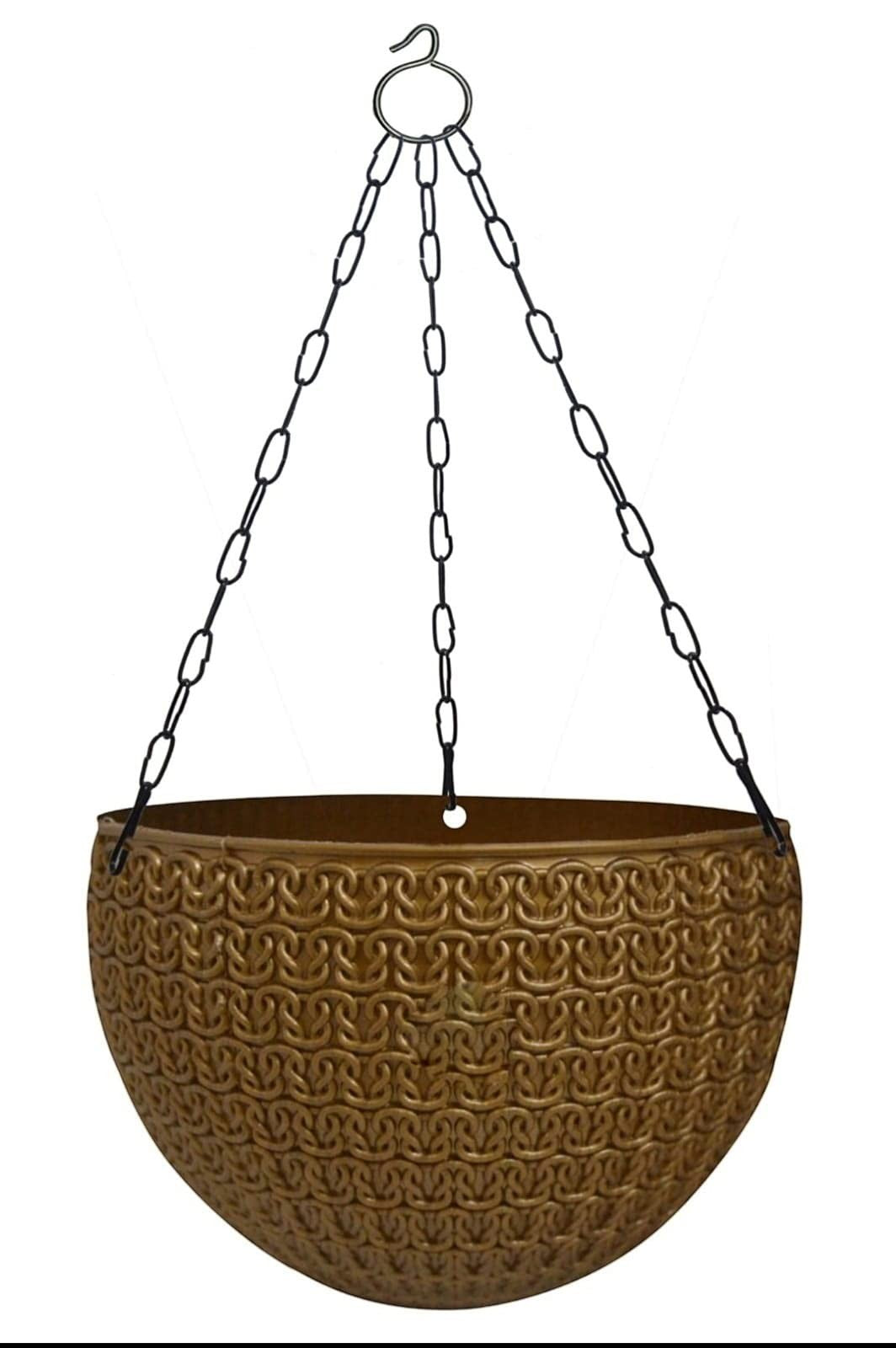 GoHooked round plastic hanging planter pot with metal chain, textured gold finish, 7.5 inch diameter