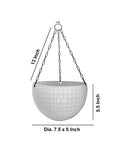 GoHooked multicolored round plastic hanging planter with woven texture and metal chain. 7.5 inch diameter.