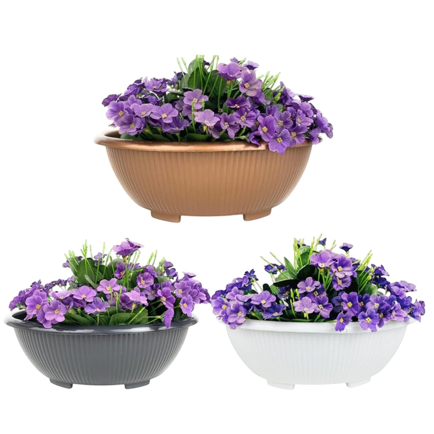 GoHooked set of three round plastic bonsai planter pots in bronze, grey, and white with purple flowers