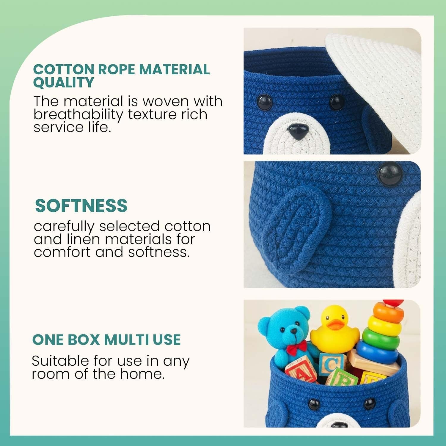 Go Hooked royal blue cotton rope storage basket with lid, featuring a cute animal face design and ears. Ideal for nursery toys and home decor.