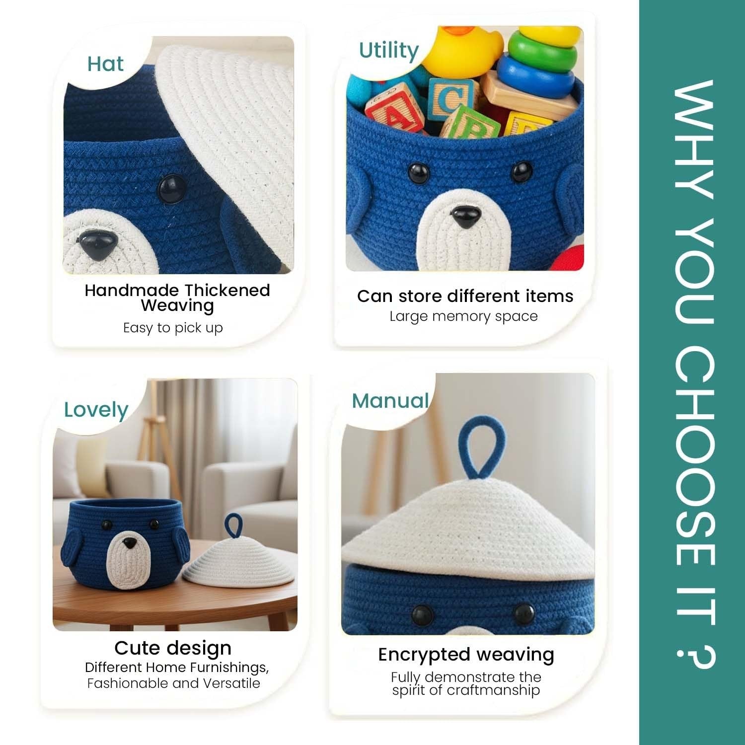 Go Hooked royal blue cotton rope storage basket with lid, featuring a cute animal face design. Ideal for nursery toys and home decor.