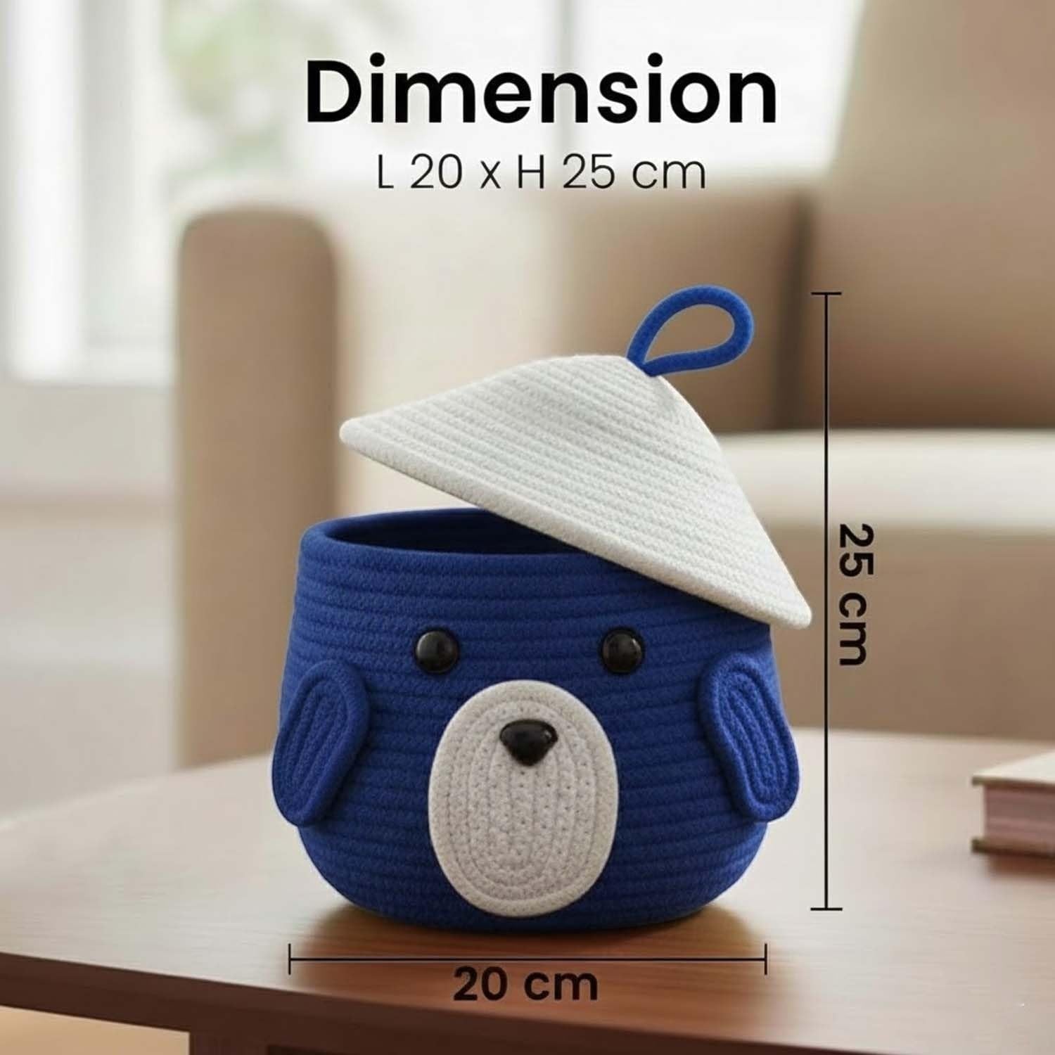 GoHooked royal blue cotton rope storage basket with lid, featuring a cute animal face design for kids' nursery or playroom organization.