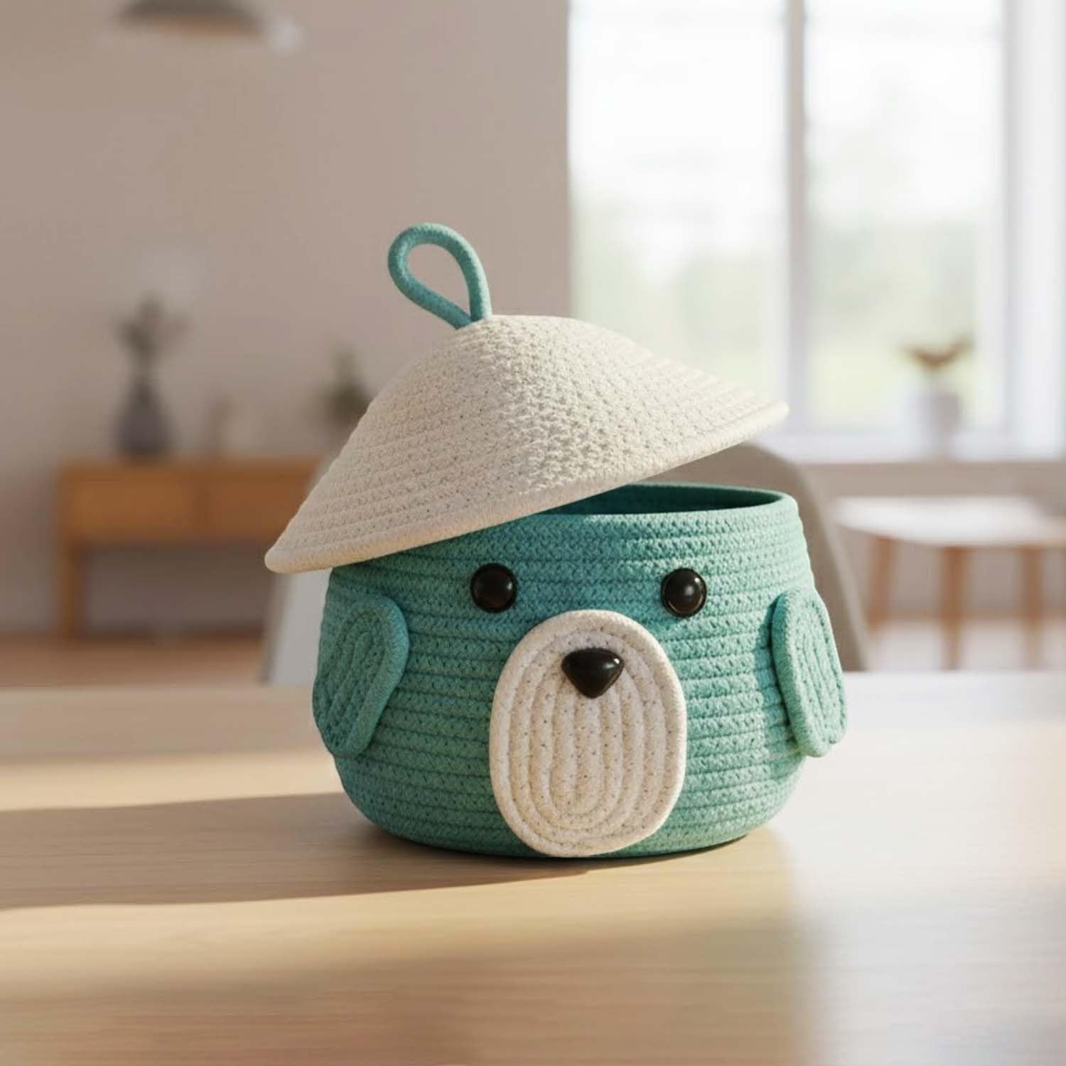 GoHooked royal blue cotton rope storage basket with lid, featuring a cute animal face design with ears and a white textured snout. Perfect for kids' toys and nursery organization.