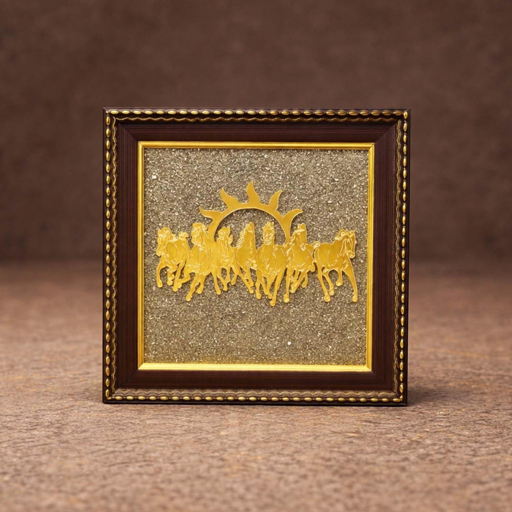 GoHooked brown wooden framed wall decor with 7 golden running horses and sun, pyrite stone background.