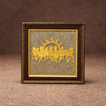 GoHooked brown wooden framed wall decor with 7 golden running horses and sun, pyrite stone background.