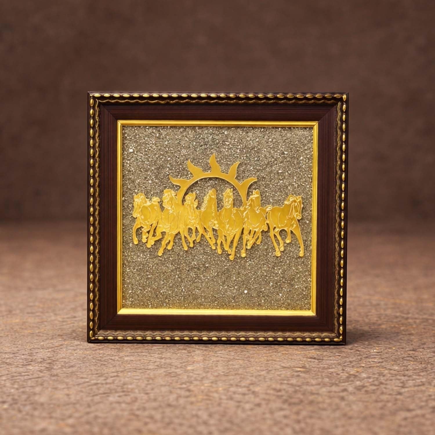 GoHooked brown wooden framed wall decor with 7 golden running horses and sun, pyrite stone background.